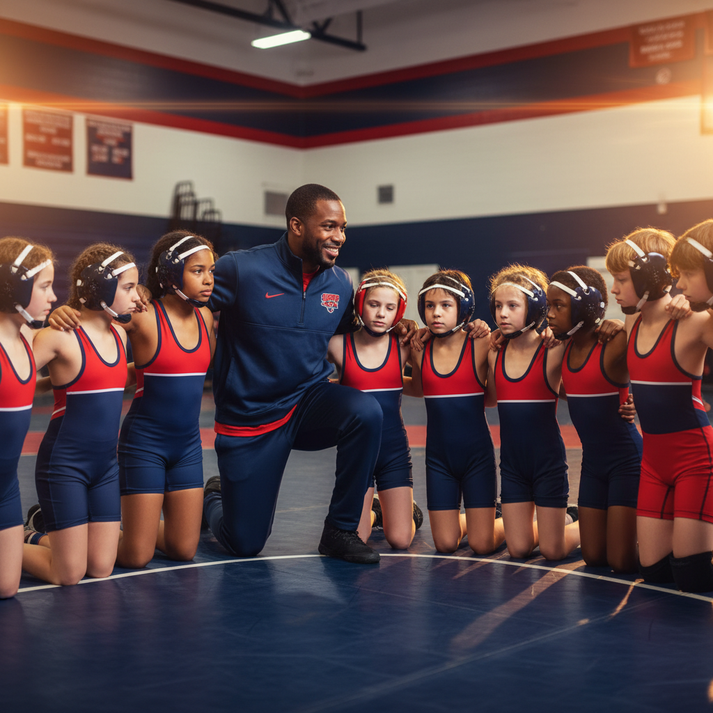 A diverse youth wrestling team with their coach