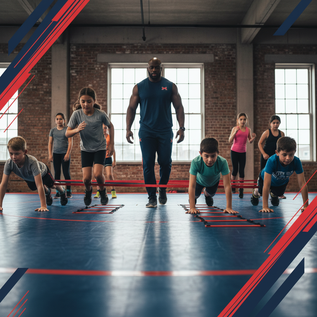 Diverse youth wrestlers building athletic skills with their coach
